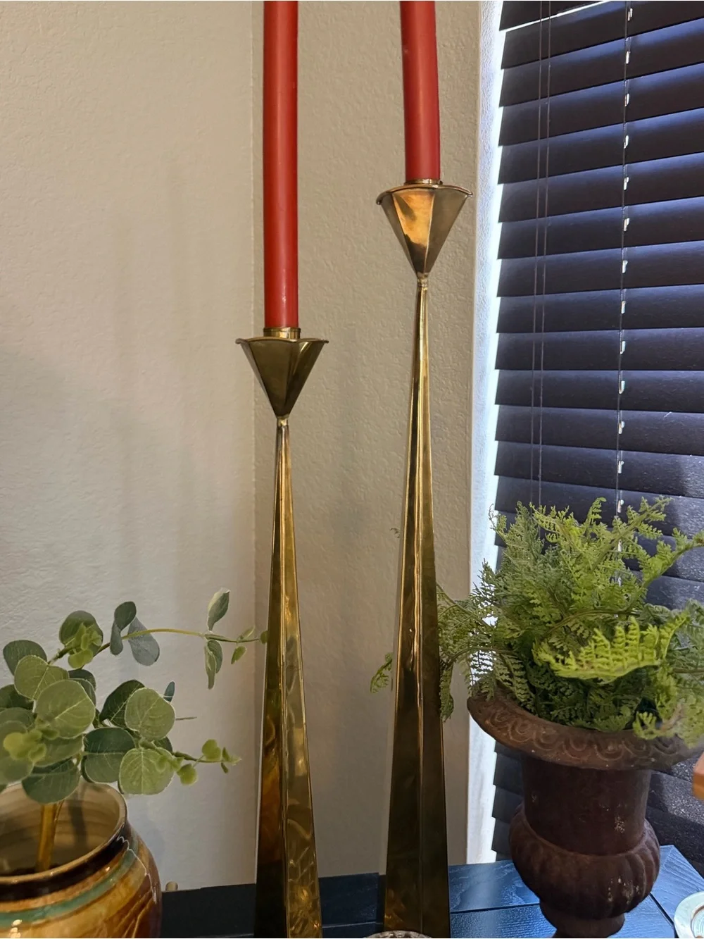 Vintage Mid Century Mexican Candlesticks 19.5 & 15” Brass Tin Pair Weighted Sand